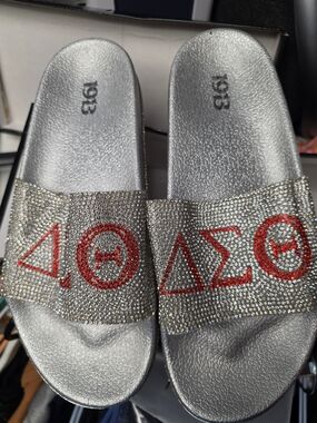 Delta Silver Rhinestone Slide Sandals with Red Greek Letter Detail